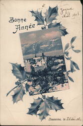 Lausanne, Switzerland Winter Scene with Holly Border Postcard