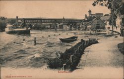 Rhine River Flood, Boat, Bridge, and Buildings in Schaffhausen Postcard