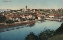 Schaffhausen, Switzerland: Panoramic River View with Bridge and Fortress Postcard