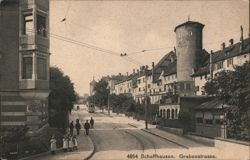 Schaffhausen Grabenstrasse with Streetcar and Munot Tower Postcard