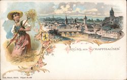 Gruss aus Schaffhausen - Woman with Rake and City View Postcard