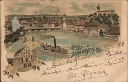 Gruss aus Schaffhausen: Steamer on the Rhine River with Munot Fortress Postcard