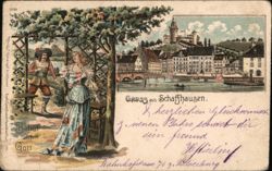 Schaffhausen Cityscape with Munot Fortress and Costumed Couple Postcard