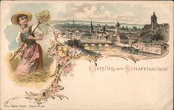 Gruss aus Schaffhausen Switzerland - Girl with Scythe and City View Postcard