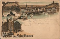 Gruss aus Schaffhausen Rhine Falls and Oberstadt View Postcard