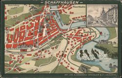 Schaffhausen City Map with Rhine Falls and Hotel National Inset Postcard