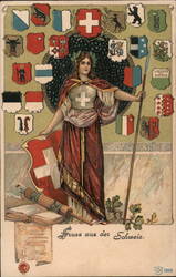 Helvetia, Swiss National Personification with Cantonal Coats of Arms Postcard