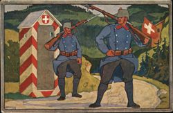 Swiss Soldiers Guarding Border Post - World War I Era Postcard