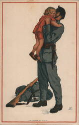 Swiss Soldier Embraces Child, Lithograph Postcard Postcard