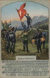 Swiss Soldiers with Flag and Musical Instruments Postcard