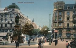 Bahnhofstrasse, Zurich with Alfred Escher Statue Postcard