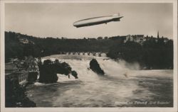 Graf Zeppelin Airship Soaring over Rhine Falls Waterfall Postcard