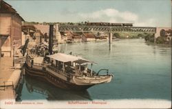 Rhine River Scene with Steamboat and Train, Schaffhausen Postcard