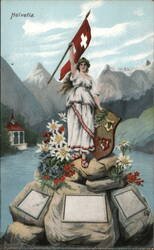 Helvetia, Swiss Personification with Flag and Coat of Arms Postcard