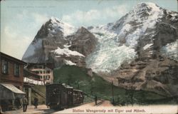 Wengenalp Station with Eiger and Mönch Mountains Postcard