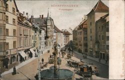 Schaffhausen Frohnwaagplatz Fountain and Horse Carriages Postcard