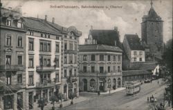 Schaffhausen Bahnhofstrasse & Obertor Tower - Street Scene with Tram Postcard