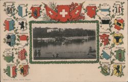 Ouchy: Quai and Hotel Beau-Rivage with Swiss Canton Coats of Arms Postcard