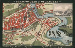 Schaffhausen & Neuhausen Map with Rheinfall View Inset Postcard