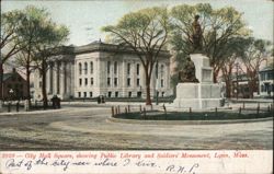 City Hall Square, Lynn, MA - Public Library & Soldiers' Monument Postcard