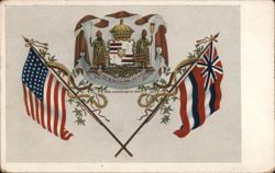 Royal Hawaiian Coat of Arms with US and Hawaiian Flags Postcard