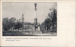 Worcester Common, Soldiers Monument and City Hall Massachusetts Postcard Postcard Postcard