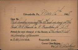 Gwent Glee Society Concert Announcement, Edwardsville PA Pennsylvania Postcard Postcard Postcard