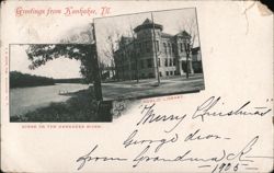 Greetings from Kankakee, Illinois - Kankakee River and Public Library Postcard