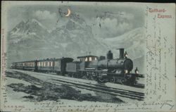 Gotthard Express Train at Night with Crescent Moon Switzerland Trains, Railroad Postcard Postcard Postcard