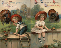 Set of 2: Boy & Girl with Turkey and Apples Postcard