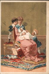 Mother Breastfeeding Baby with Three Children Trade Card