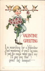 Valentine Greeting, Child with Roses and Cherubs Postcard