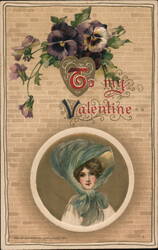 To My Valentine - Young Woman with Blue Bonnet and Pansies Postcard