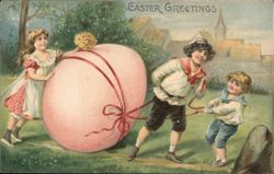 Easter Greetings - Children Pulling Giant Easter Egg Postcard