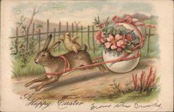 Happy Easter - Bunny Pulling Chick in Eggshell Cart Postcard