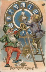 New Year's Elves with Clock and Money Bags Postcard