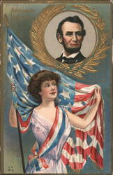 Abraham Lincoln with Woman Holding American Flag Postcard