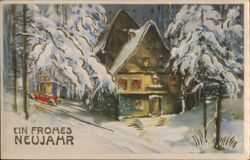 Snowy Winter Scene with House and Car Postcard