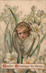 Easter Blessings be thine, Cherubic Angel with Daffodils Postcard