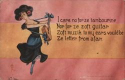 Woman Playing a Mandolin, "I care no for ze tambourine" Postcard