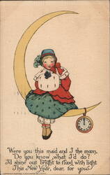 New Year's Girl on Crescent Moon with Clock Postcard