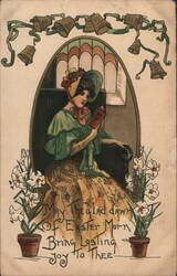 Easter Greetings - Woman Reading in Church Pew Postcard