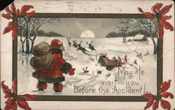 Santa Claus Crashes Sleigh into House - Christmas Postcard