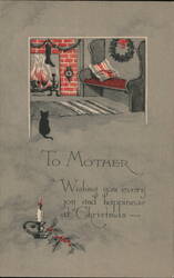 To Mother - Christmas Fireplace Scene with Cat Postcard