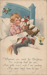 Child in Bed with Toys, Christmas Greetings Postcard