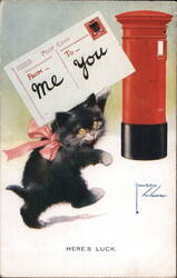 Black Kitten Mailing Valentine, Here's Luck Postcard