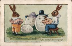 Anthropomorphic Rabbits Painting Easter Eggs Postcard