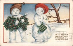 Two Snow Children with Holly Wreath and Plaid Bag Postcard