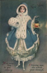 New Year Girl with Lantern Postcard