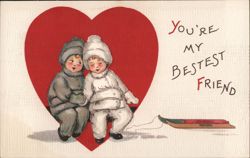 Two Children in Winter Clothes with a Sled Postcard